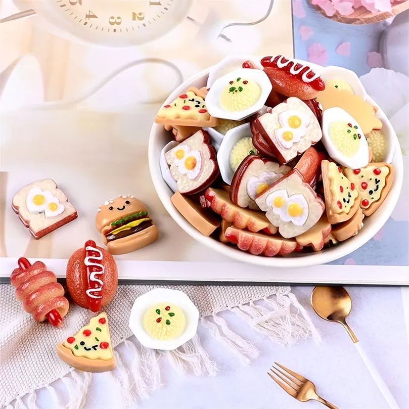 10 SZTUK Ręcznie malowane żywicy Imitacja Mini Pizza Hamburger Płaskie Płaskie Wzór Miniaturowy Aplikacja DIY Scrapbook Craft Dekoracja 220329