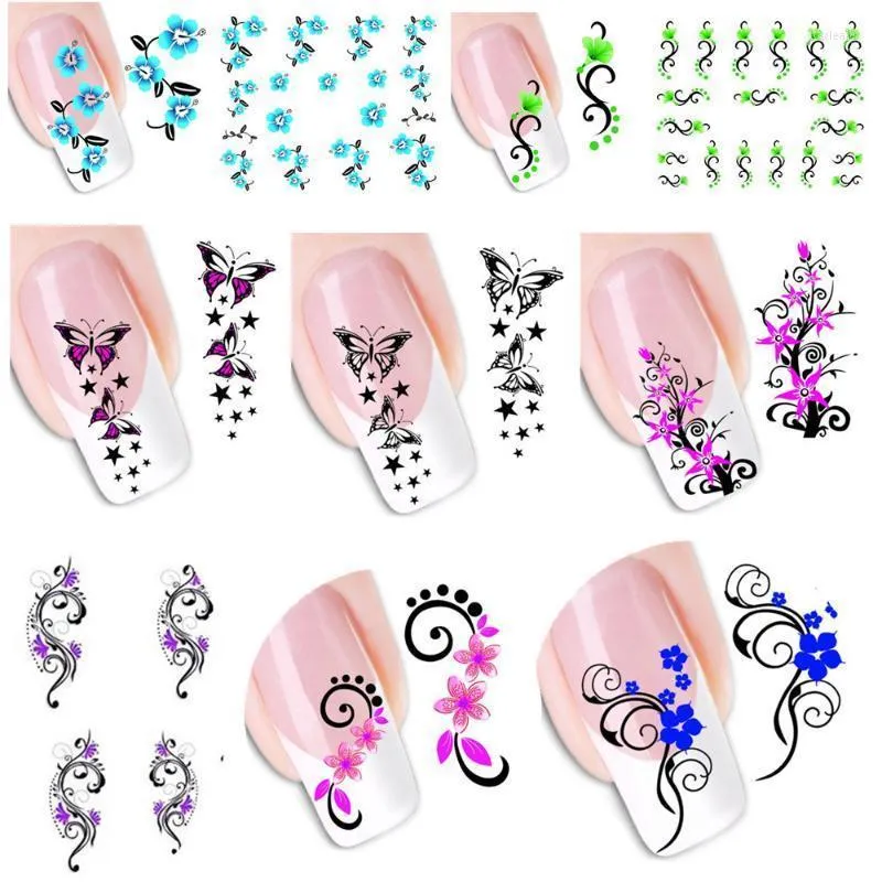 Partihandel-50pcs 2D nagelklistermärken Tillfälliga tatueringar Vattenöverföring Skönhet Långa blommor Bågar Folie Decals Tools XF1422-1469 STAC22