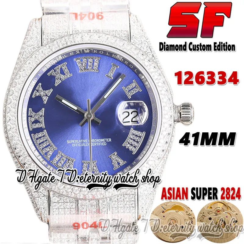 SF Latest ew126334 A2824 Automatic Mens Watch tw126333 jh126331 Diamond inlay Roman Blue Dial 904L Steel Iced Out Diamonds Bracelet Super Edition eternity Watches