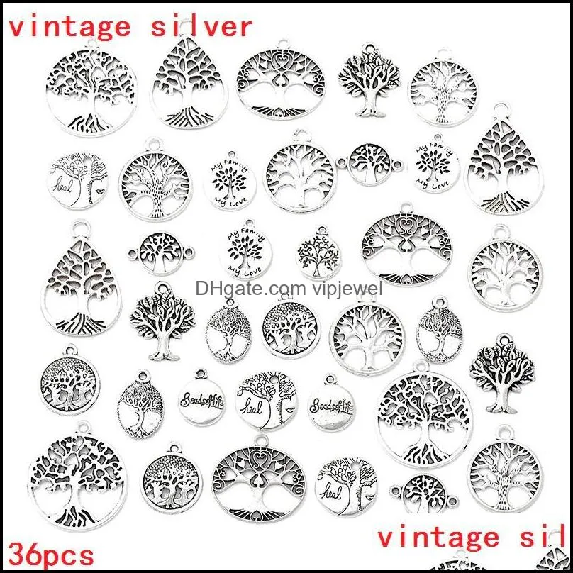 charms 36pcs/lot mix tree of life metal zinc alloy fit jewelry pendant for diy necklace bracelet making findingscharms