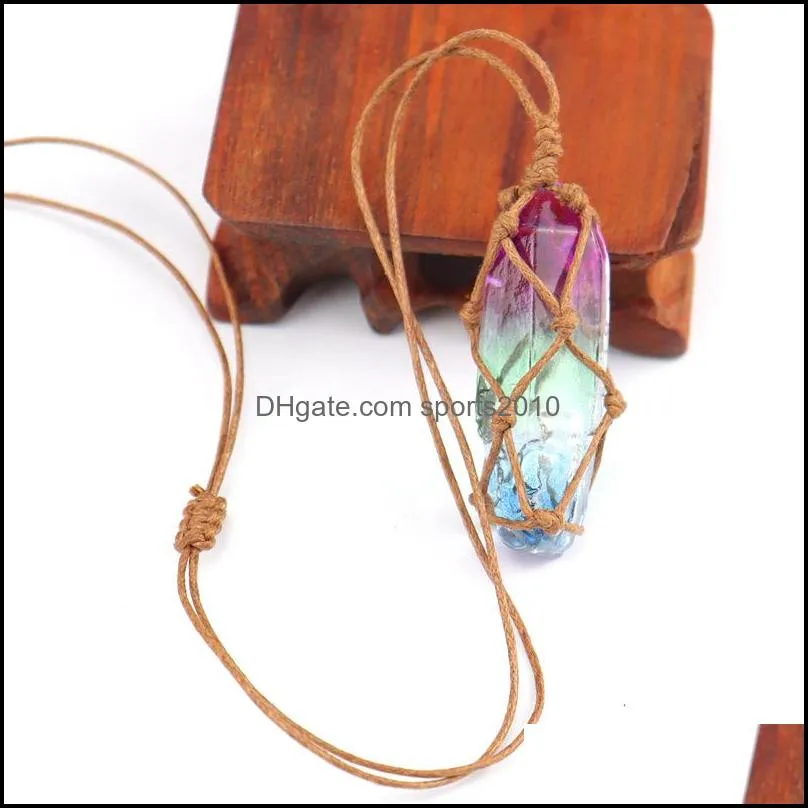 healing crystal column dyed natural stone pillar pendant weave net bag charms green pink crystal rope chain necklaces wholesale christmas jewelry