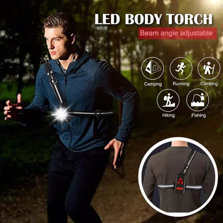 Torcia da campeggio ricaricabile con luci sul petto a LED riflettenti per la notte Lampade da ciclismo impermeabili con cintura riflettente con avviso di sicurezza per passeggiate, jogging, escursioni, pesca