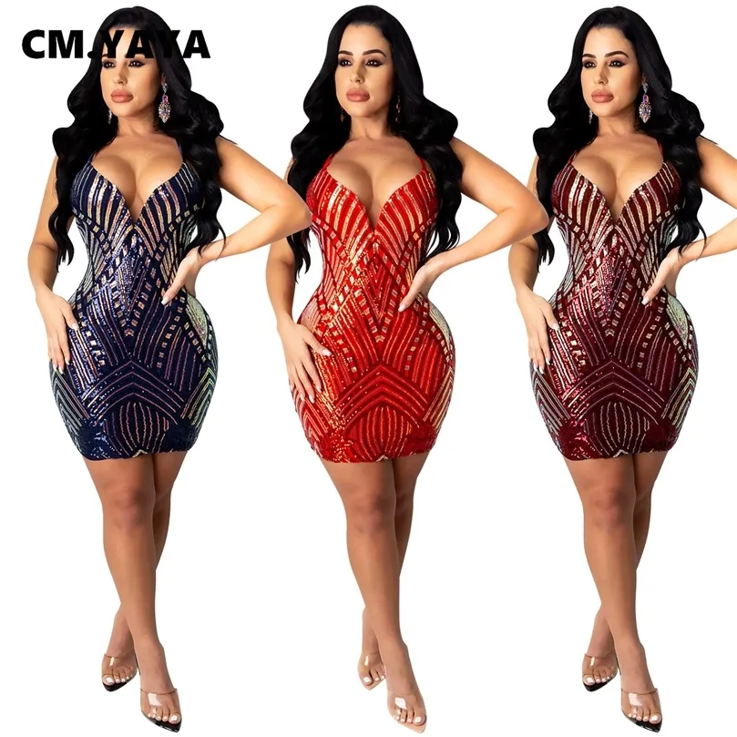 CM.YAYA Women Sequin Splicing Open Back Lace Up Spaghetti Strap V-neck Bodycon Midi Dress Sexy Club Party Mini Dresses Vestidos 220516