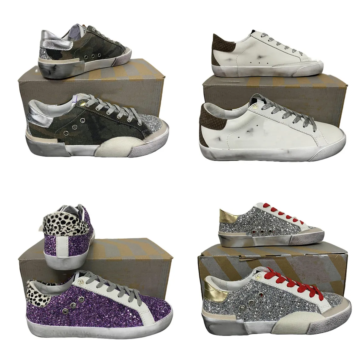 Superstar Mixed Leather Graffiti Shoes For Glitter Fabric And Leopard-Print Suede Sneakers With Worn Canvas Low-Top Do-old Dirty Man Women Distressed Casual shoes