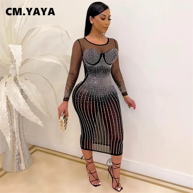 CM.YAYA Frauen Kleid Solide Diamanten Mesh Sehen-durch Dünne Party Vestidos Sexy Nacht Abendkleider Mode Outfit Herbst 220516