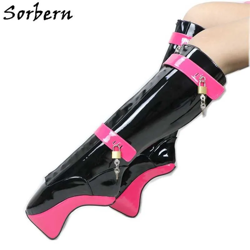 Sorbern pêche noir brevet femmes bottes genou haut Ballet sabot dames sans talon verrouillable à lacets botte fétiche chaussures à talons hauts