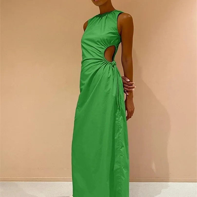 Mnealways18 Été sans manches femme robe de fête verte creux de la taille élevée