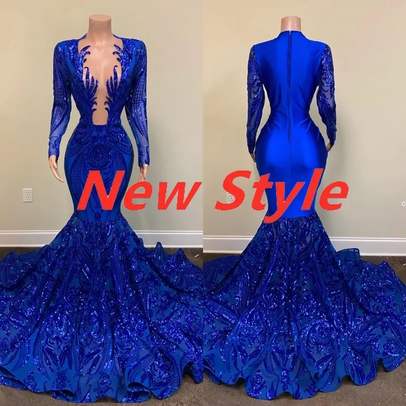 UPS 2022 Royal Blue Mermaid Prom Dresses Sparkly Lace Paillettes Maniche lunghe Ragazze nere Abito da sera celebrità africano