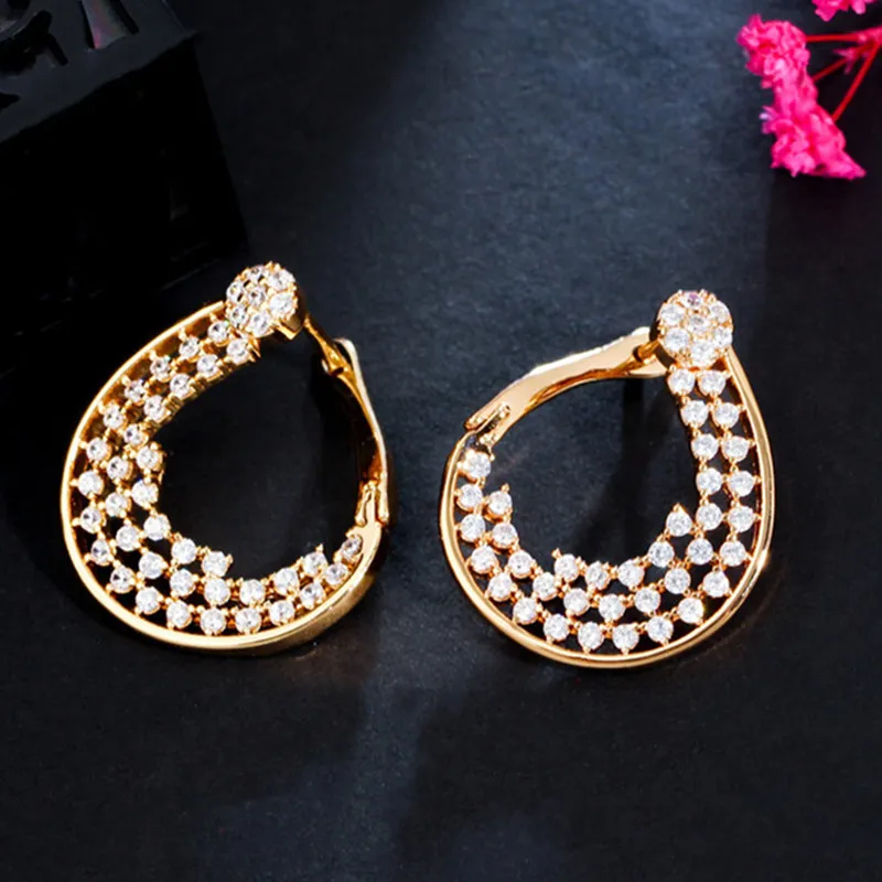 Boucles d'oreilles créoles plaquées or 18 carats pour femme, fête, zircone cubique AAA, goutte d'eau, cuivre, bijoux sud-américains, boucles d'oreilles pour femme, cadeau de Saint Valentin