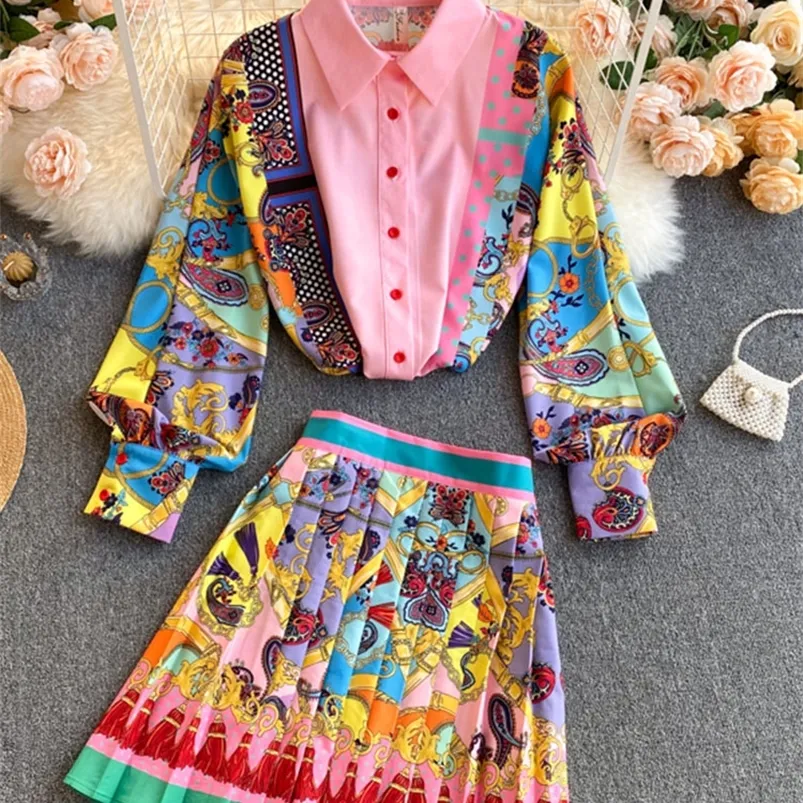 봄 패션 기질 이국 이국적인 프린트 옷깃 퍼프 슬리브 셔츠 암컷 하이 허리 슬림 치마 수트 C597 220607