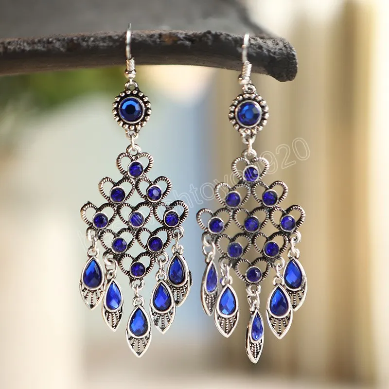 Bohème ethnique cristal strass boucles d'oreilles pour femmes Vintage géométrique multicouche creux pêche coeur longue goutte boucles d'oreilles bijoux