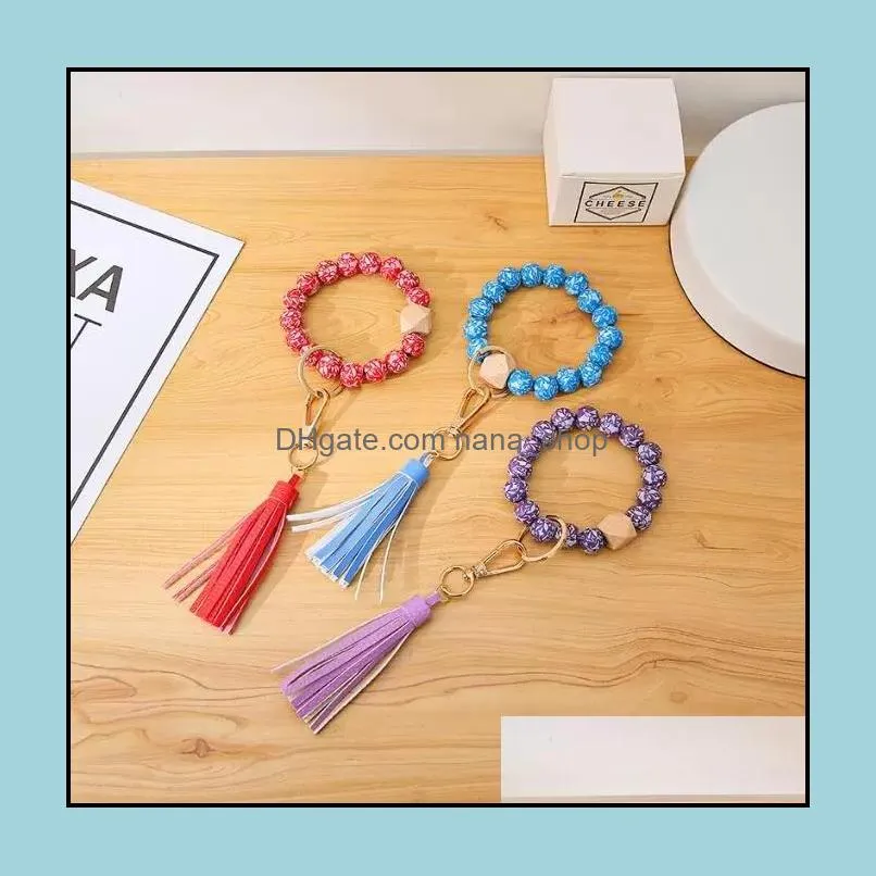 Fashion Flower Pattern Wood Beads Bracelets Keychains Leather Wrap Tassels Bracelet Keychain Round Bangle Keyring