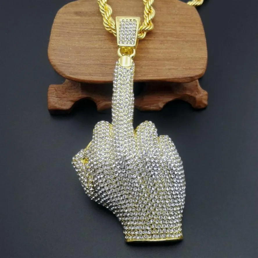 Hip -Hop -Männer Gold Farbe Voller Strassstein Big Middle Finger Anhänger Halsketten mit 30 -Zoll -Langkette für Herren Schmuck268f