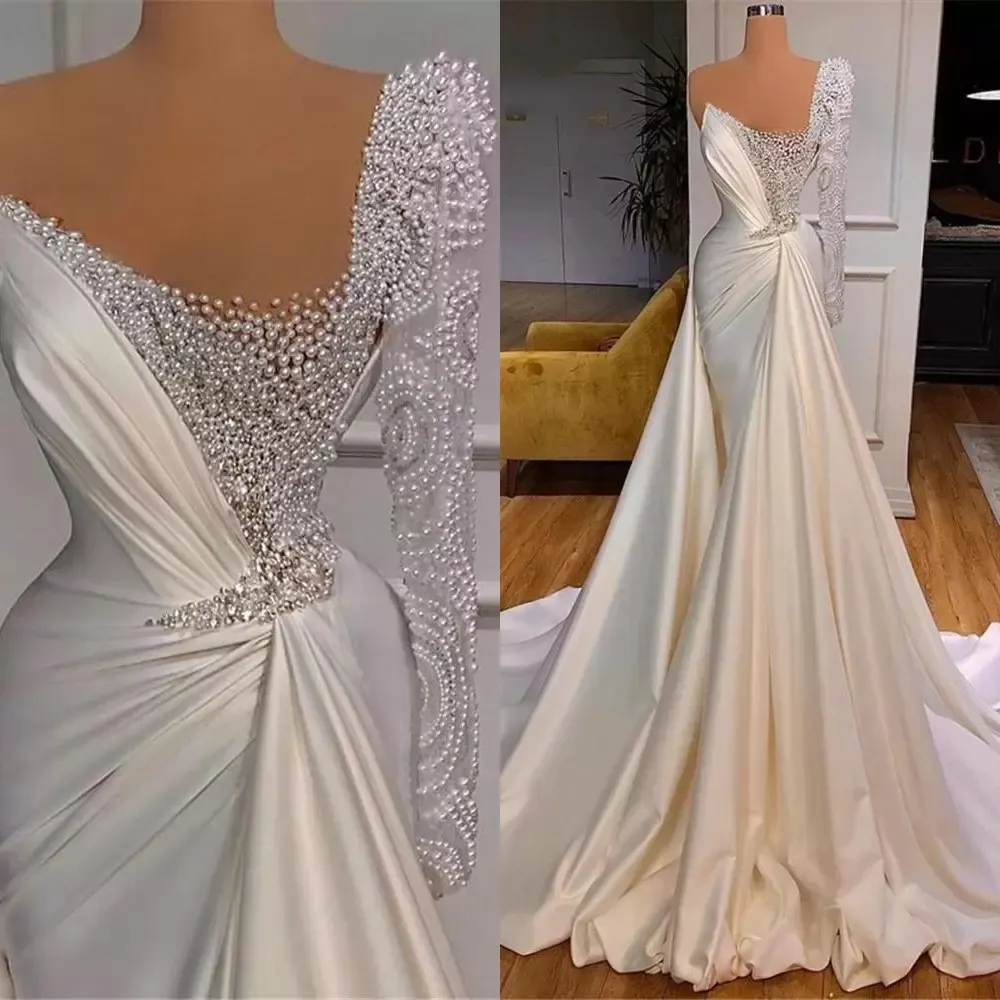 2022 Sexy luxe blanc sirène robes de mariée illusion perles perles une épaule satin à manches longues grande taille robes de mariée vestidos de novia BES121