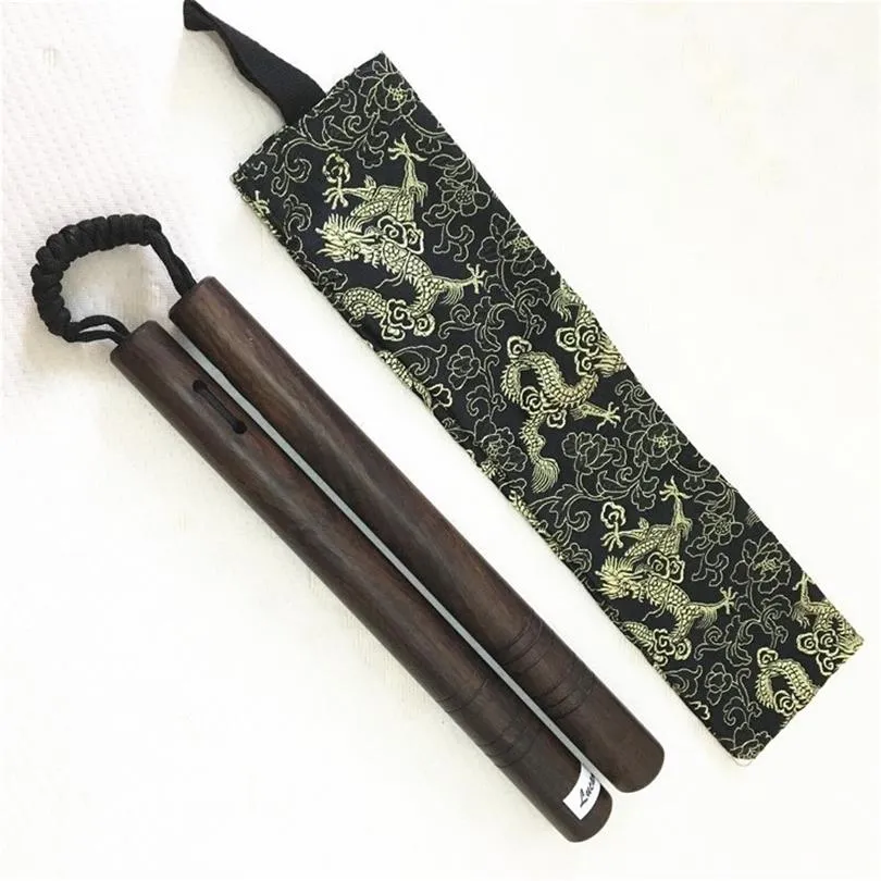 Varejo/madeira inteira nunchakus ebony madeira corda diamante nó de madeira corda de duas seções bastão nunchaku combate nunchuck com bolsa 272k