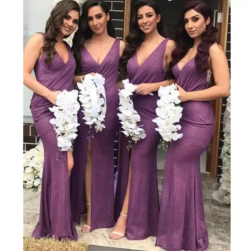 Purple Sparkly Bridesmaid Dresses 2024 V Neck Mermaid Floor Length Country Wedding Gown