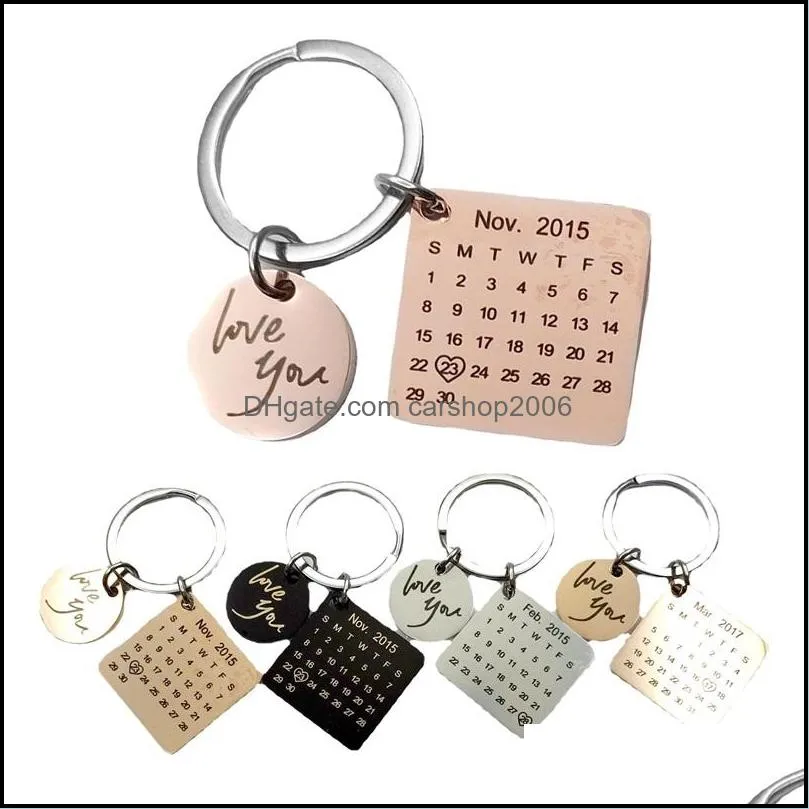 Personalized Calendar Keychain Hand Carved Calendar Highlighted With Heart Date Keyring Stainless Steel Valentine`s Day Gift 3013 Q2