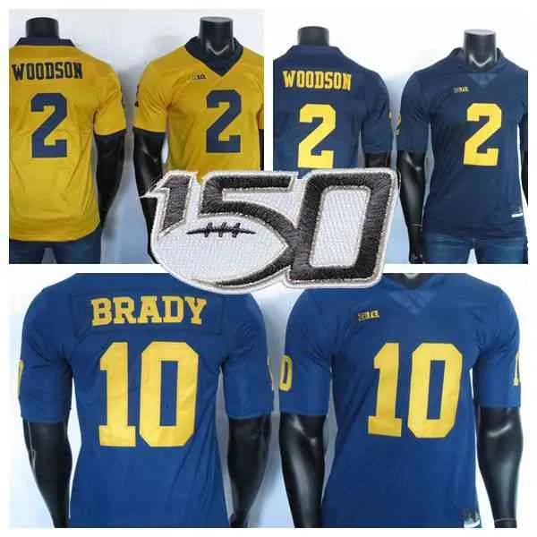 Zeldzame Michigan Wolverines Jerseys 2 Charles Woodson Jersey 10 Tom Brady Yellow Blue College Football Jersey Stitched 15th Patch