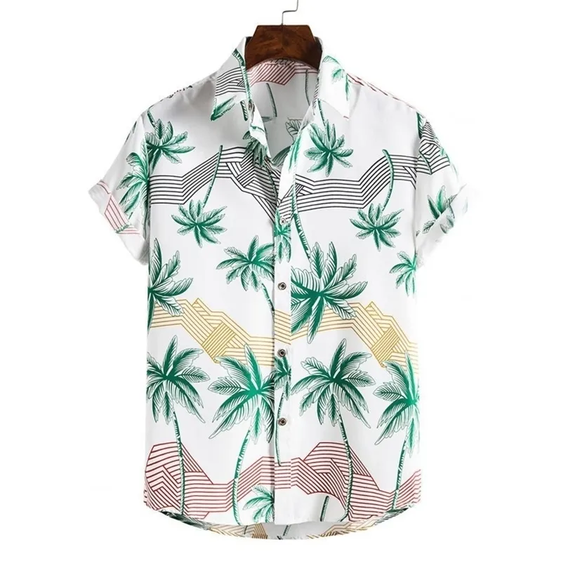 Summer Fashion Casual Men StripesTree Printed Short Sleeve Turndown Collar Slim Hawaiian Shirt Beachwear for Travel 220527