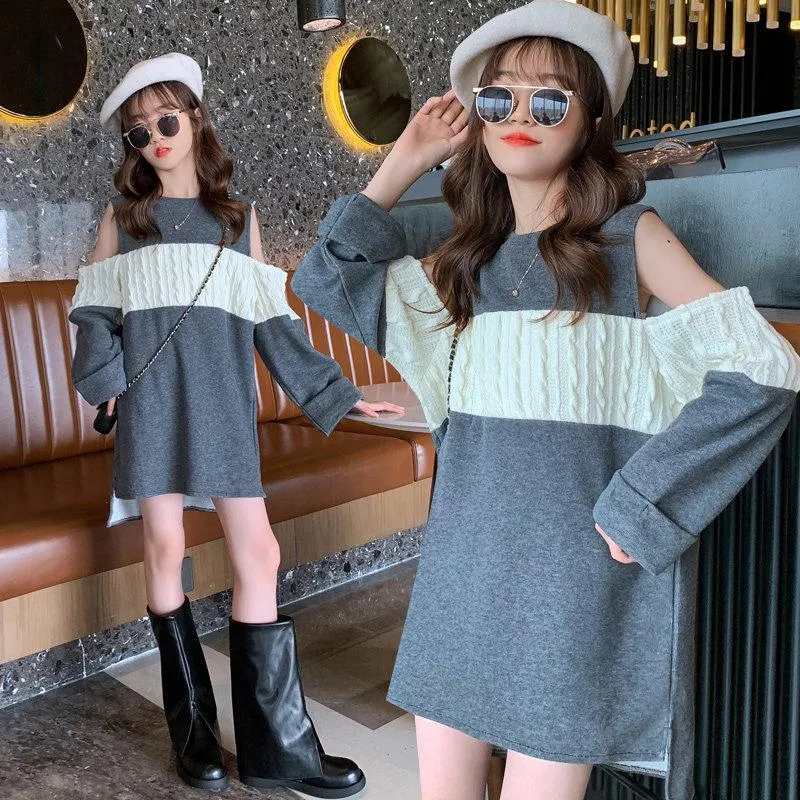 T-shirts Kid Long Sleeve Off The Shoulder Top T-Shirt Dress Cotton Autumn Teen Girls T Shirt Grey Midi Plus Size Clothes 5-14YT-shirts