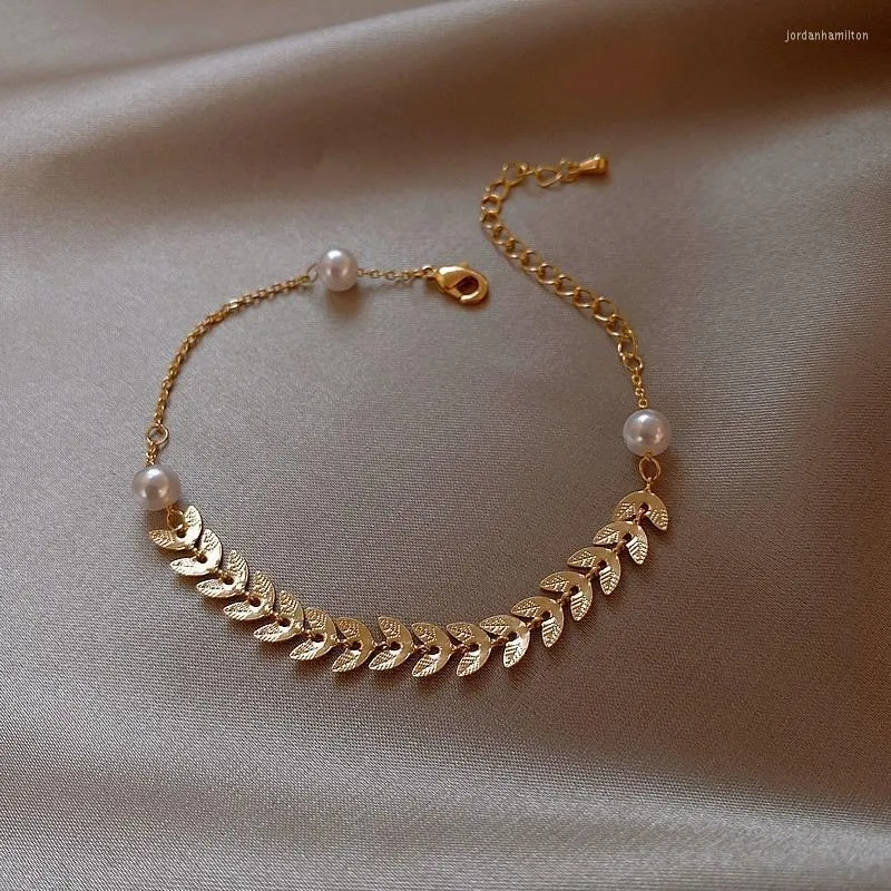 Pearl Golden Wheat Ear Leaf Armband för kvinna utdragbara utdragbara flickvänner systrar smycken gåvor länkkedja