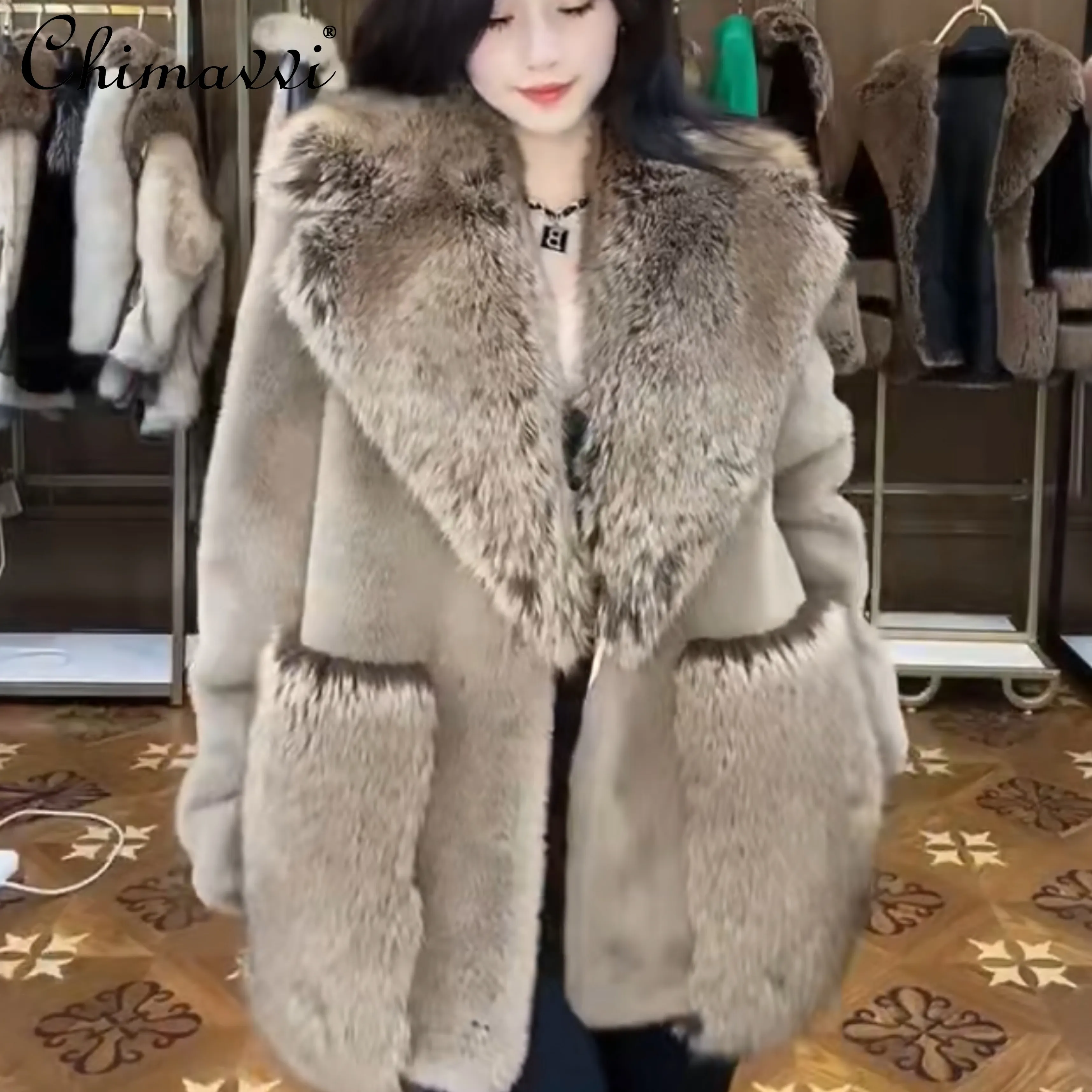 High-End Fur Long Sleeve Women Toka Double Face Wool Warm Mid-Length Coats 2022 New Winter Fashion Casual Elegant Fur Jacket T220716