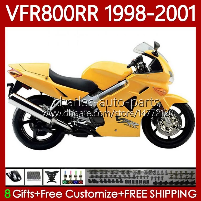 Carrosserie voor Honda Interceptor VFR800R VFR 800RR 800 CC RR 98-01 BODYS 128NO.29 VFR800RR 800CC VFR800 98 99 00 01 Voorraad Geel VFR-800 RR 1998 1999 2000 2001 Fairing Kit