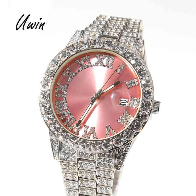 2022 Iced Out Baby Pink Women med Purple Dial Bling Hip Hop Watch