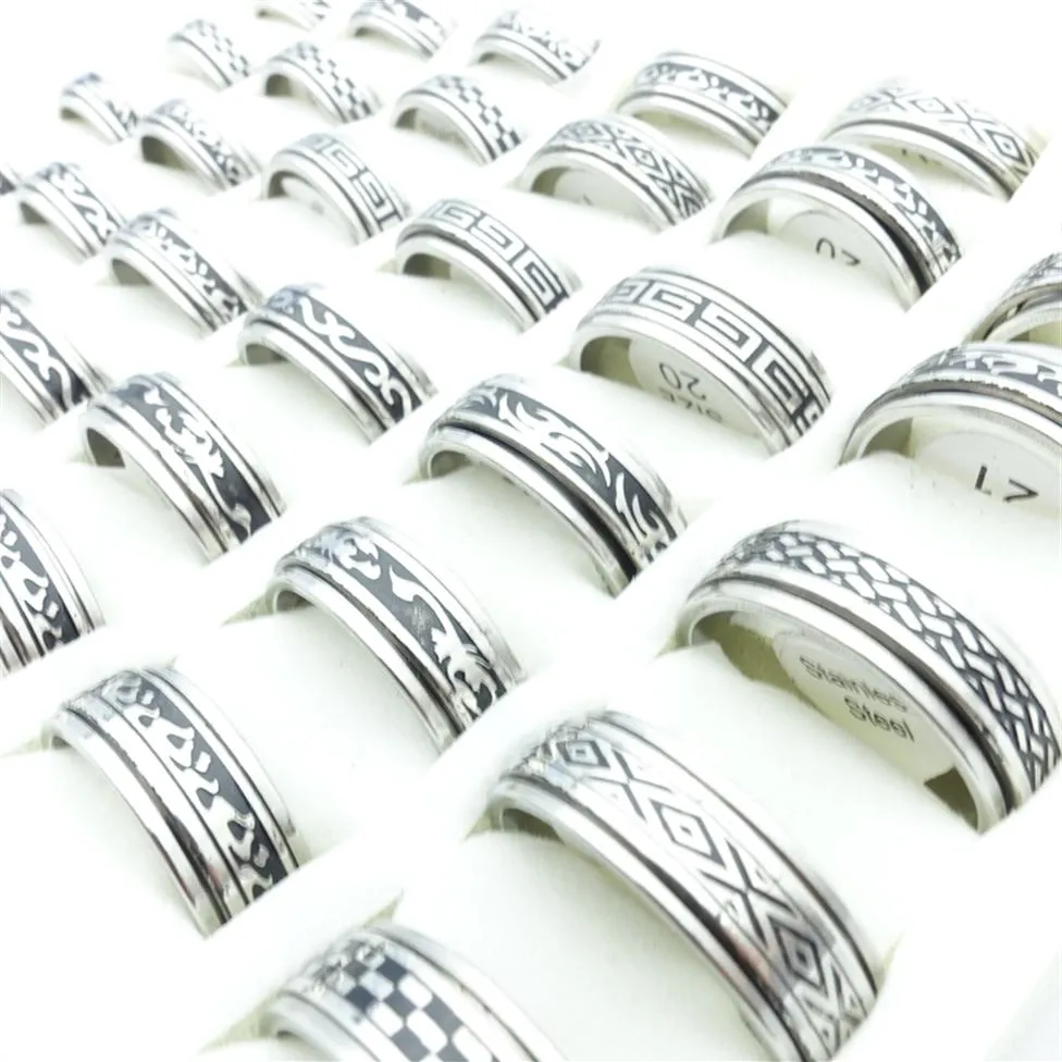 Whole 100pcs Lot Fashion Stainless Steel Spin Band Rings Black Etched Mixed Patterns Jewelry Mens Womens Rotatable Party Ring 203z