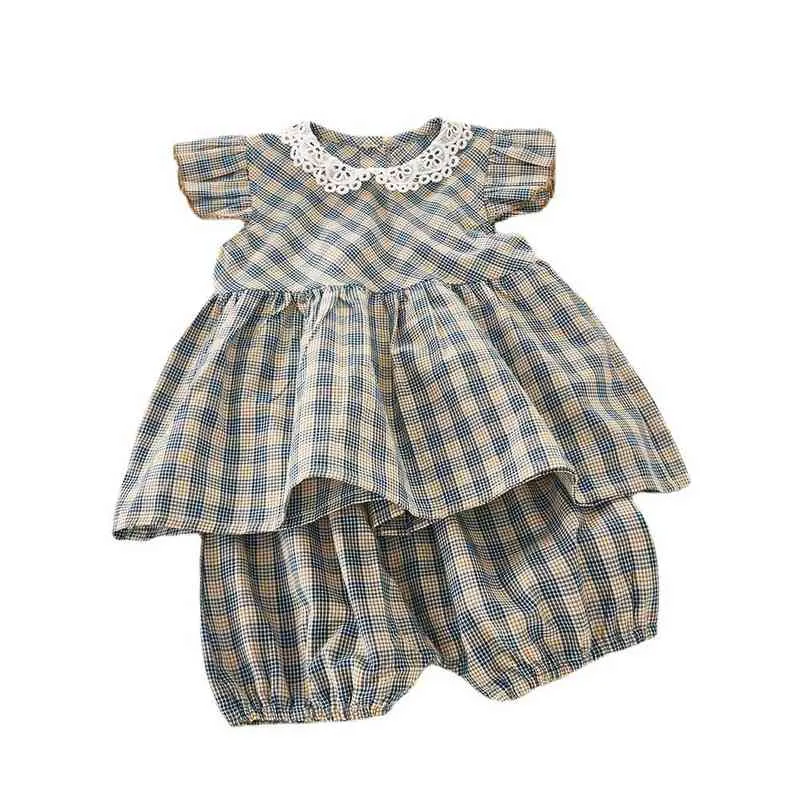 2022 Summer Summer New Girls 'Blaid Suits Suit Small Flying Sleeves Dollar Sweet Beauty Baby Baby G220509