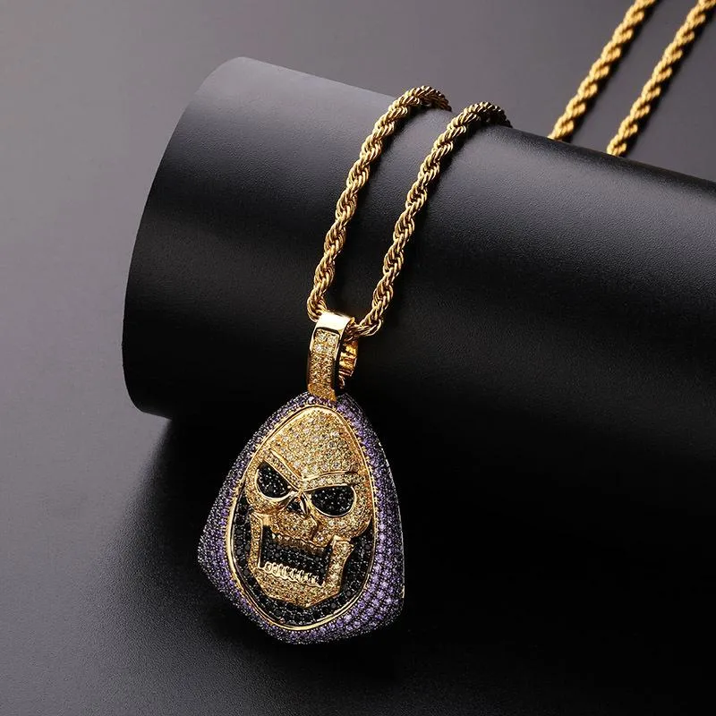 Collane con ciondolo Viola Nero Bianco 3 colori CZ Pietra pavimentata Bling Out Skull Mask Pendenti Collana per uomo Hip Hop Rapper Gioielli Oro Colo