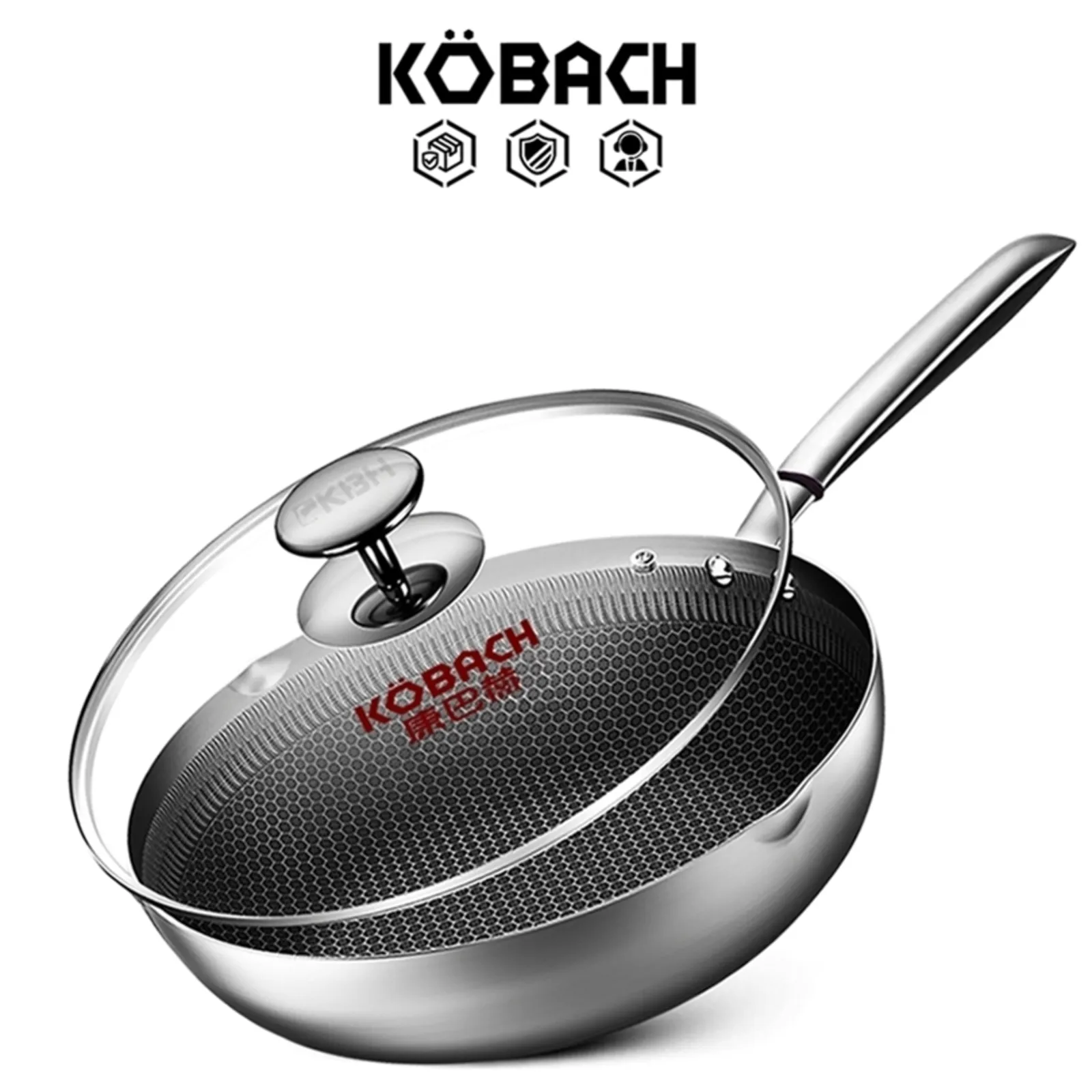 Kobach Frying Pan 30cm Kök Nonstick Rostfritt stål Wok Honeycomb Bottom med glaslock 220423