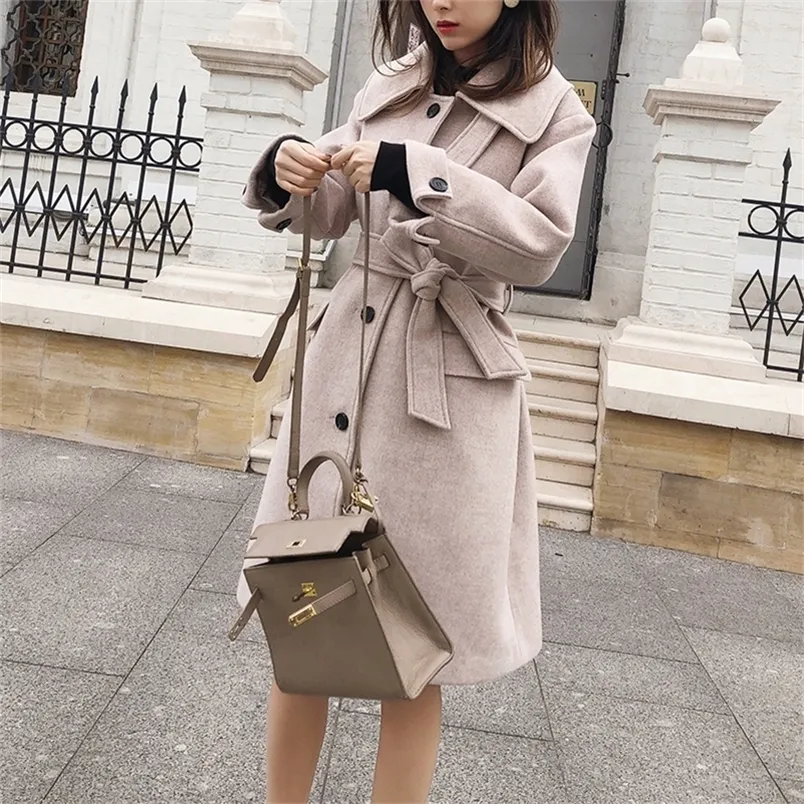 Mishow Autumn Winter Woolen Coat Causal Women Turndown Collar Single Breasted With Belt Thick Coat LJ201106