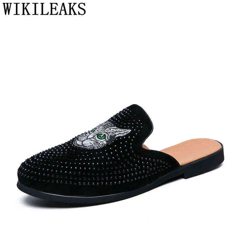 Kristal half schoenen voor mannen muildieren loafers glijden op casual jurk slippers muilezel masculino s luxe designer dia's220513