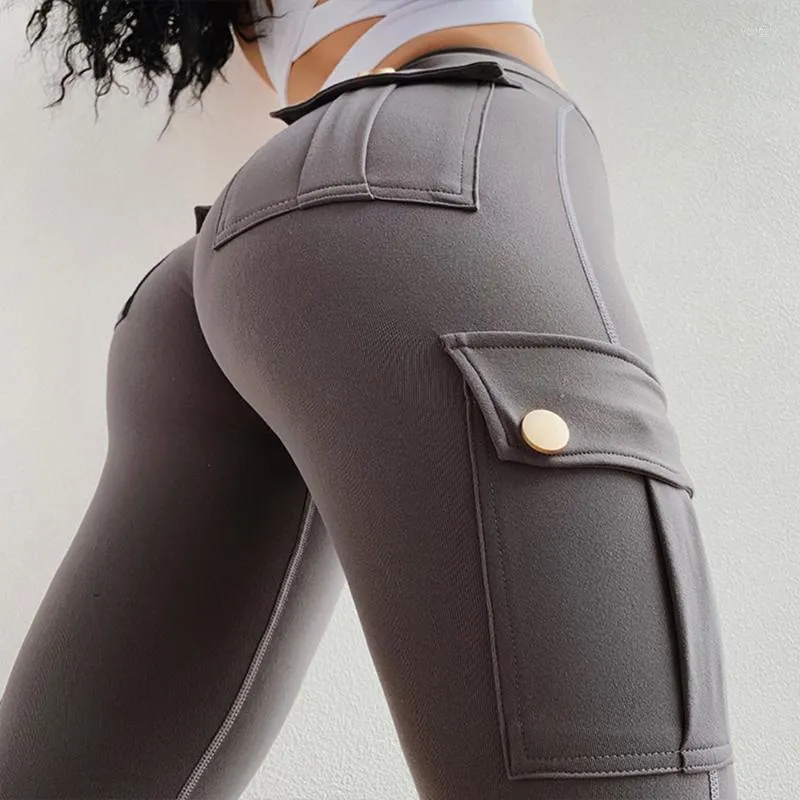 Yoga -outfit Sfit Fitness Women Leggings Withe Pocket Solid High Taille Push Up Polyester Workout Cargo Pants Casual Hip