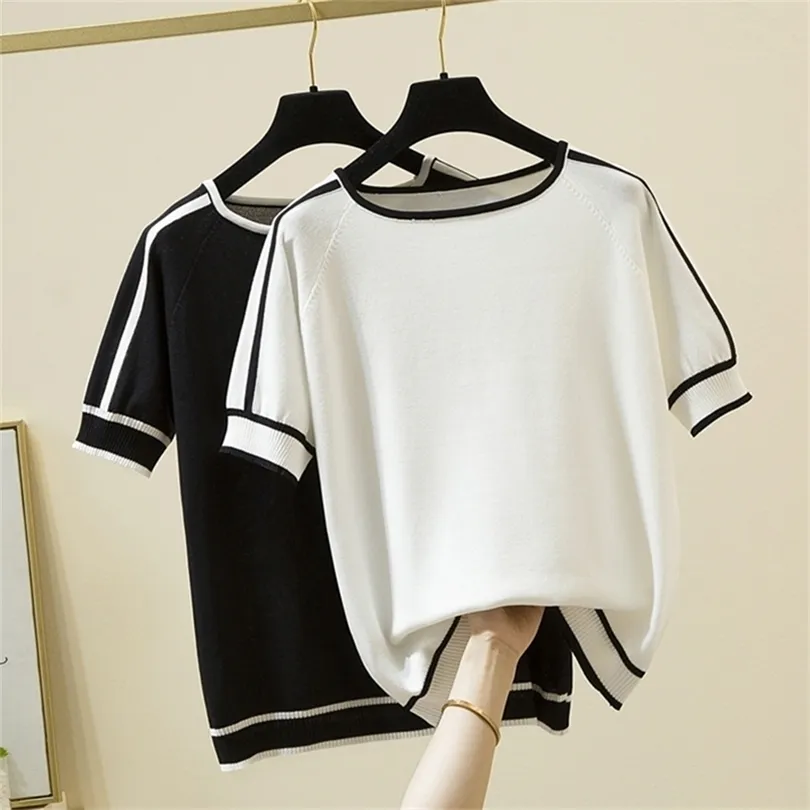 Camisetas Mujer Camiseta de punto delgado Mujer Manga corta Tops Summer Mujer ropa a rayas Camiseta de camiseta Femme 220523