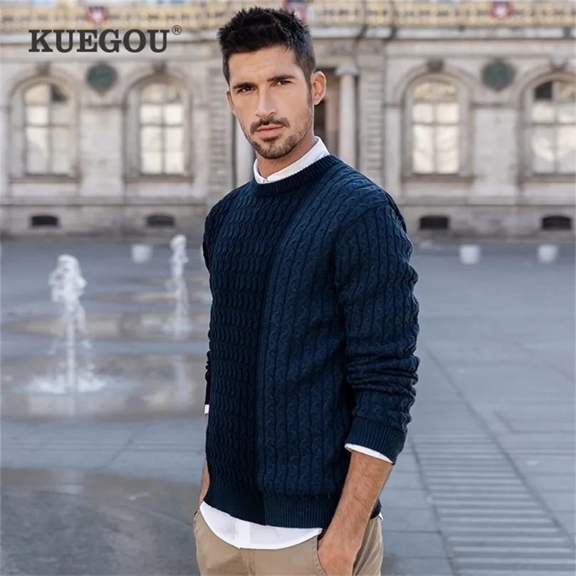 KUEGOU 100% algodón Otoño Invierno ropa suéter para hombre Color Patchwork hombre jerséis suéteres de punto de talla grande YYZ-2204 201221