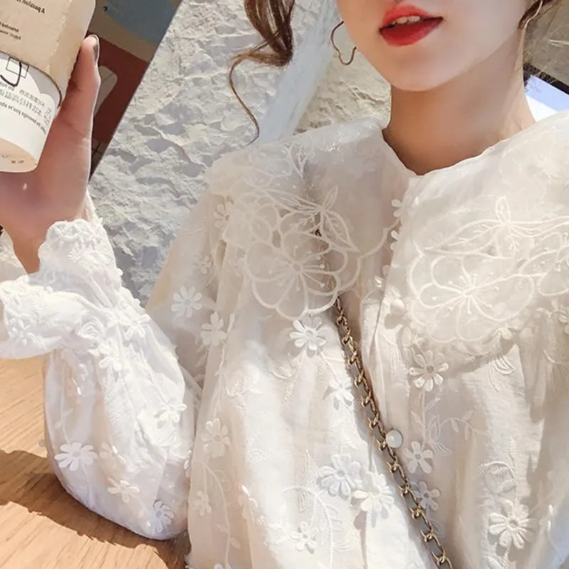 Women's Blouses & Shirts Women Spring Summer Floral Embroidery Appliques Long Lace Sleeved Sweet Ruffles Elegant Nice NS711Women's