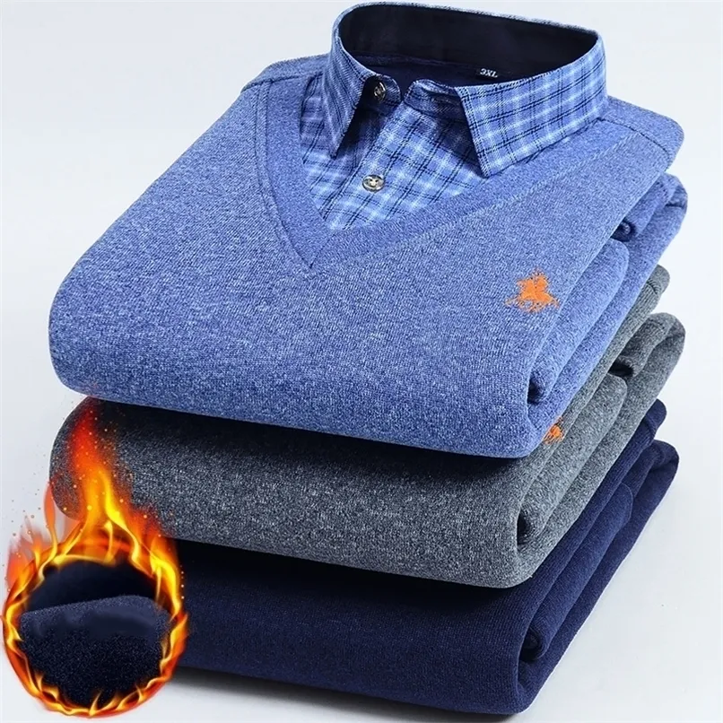 Otoño e invierno para hombres más polar falso dos camisas cálidas Jóvenes de negocios casual moda suéter camisa clásica acolchada top delgado 4XL 220322