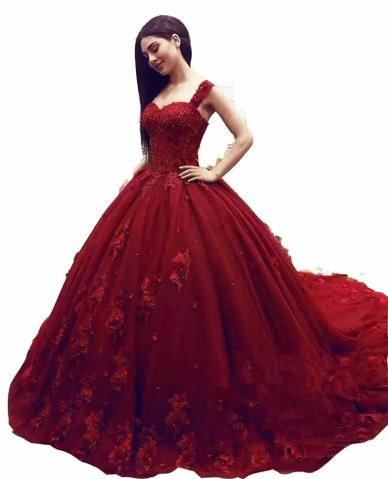 dark red masquerade dress Dark Red Lace Gown with 3D Floral Appliques and Crystal Beading