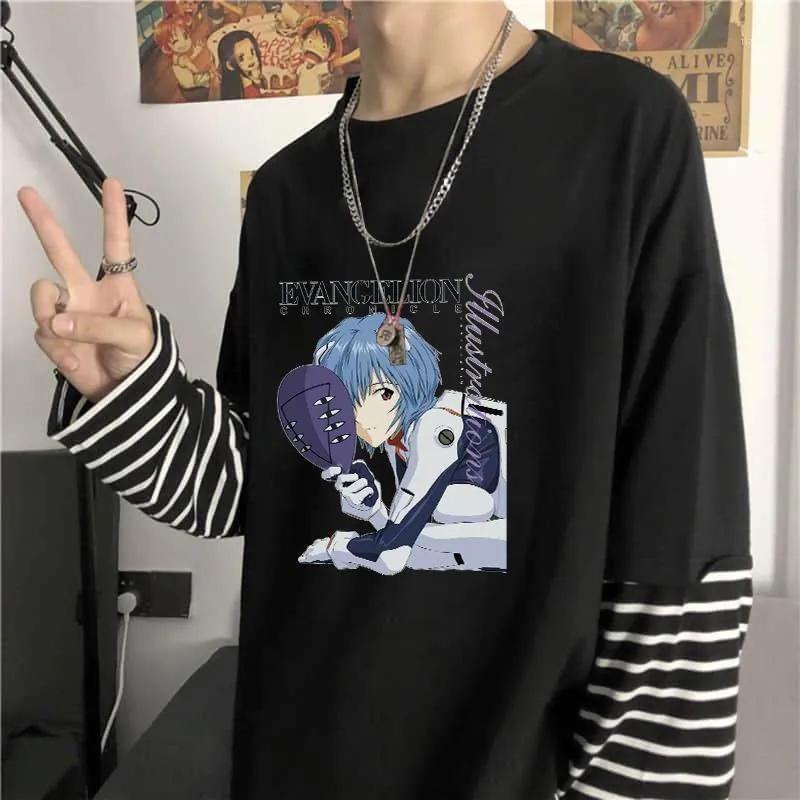 Men's T-Shirts 2022 Anime Evangelio Men Patchwork Stripes Harajuku Sweet Girl Unisex Oversized Black/White T Shirts