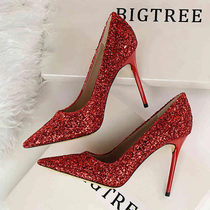 Mulheres bombas de moda saltos altos festa de casamento bling glitter sapatos femininos mulher vermelho laseira de ouro stiletto 9219-1220513