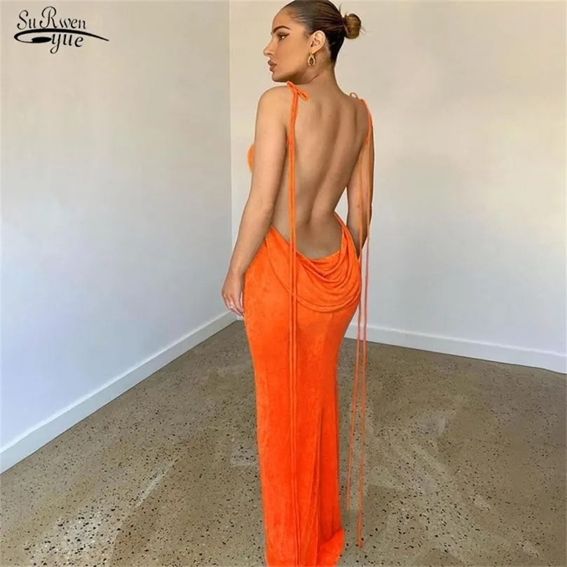 Backless Maxi Dress Sexy Orange Spaghetti Strap Bodycon For Women Long Club Party Beach Summer Outfits 21058 220613