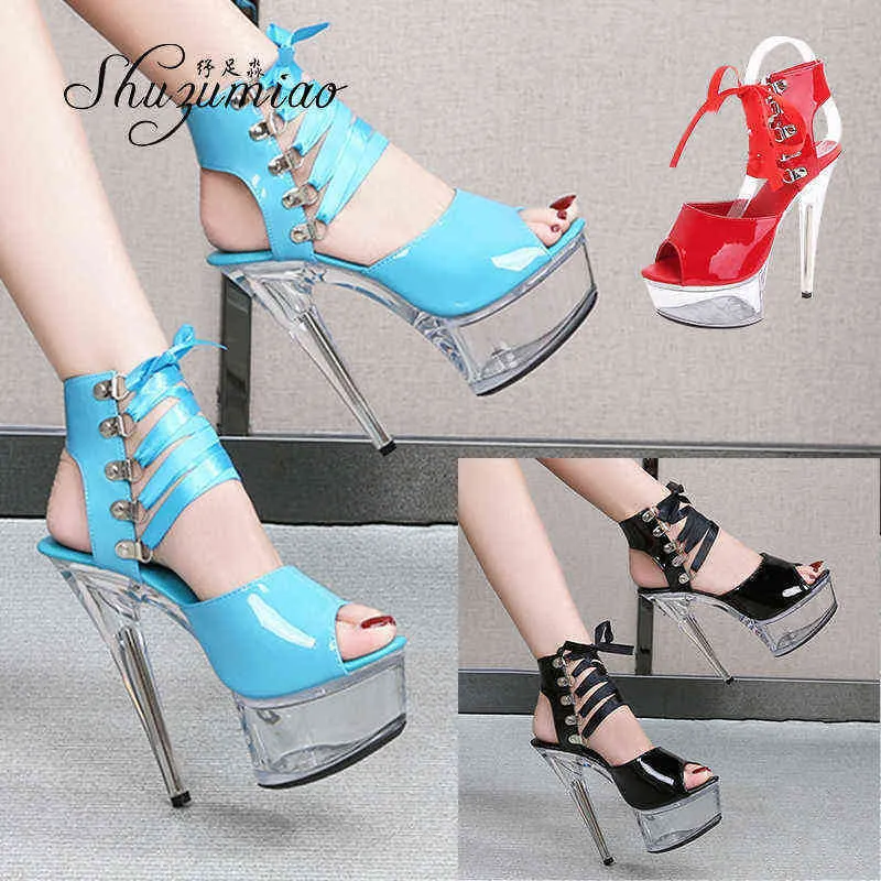 여성을위한 샌들 신발 새로운 극 댄스 검투 하이힐 15cm Clear Crystal High Heels Ladies 플랫폼 스트리퍼 220121