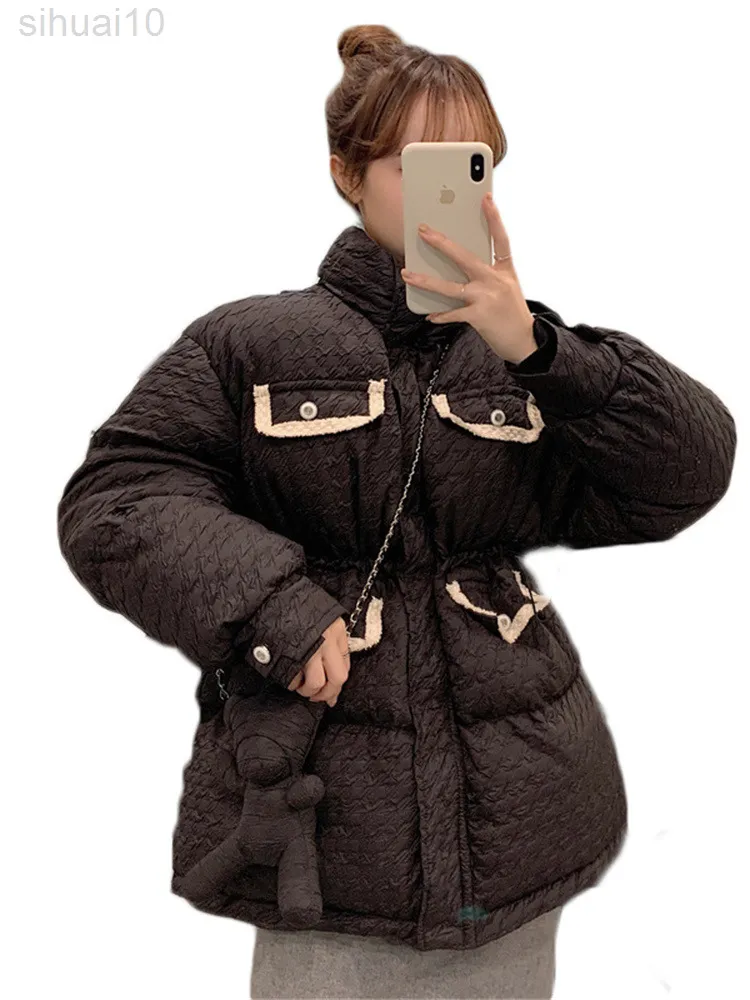 Popular Down Cotton Jacket Women 2022 Winter New Mid-length Stand Collar Drawstring Waist Slim Top Sweet Bear Doll Coat Female L220730