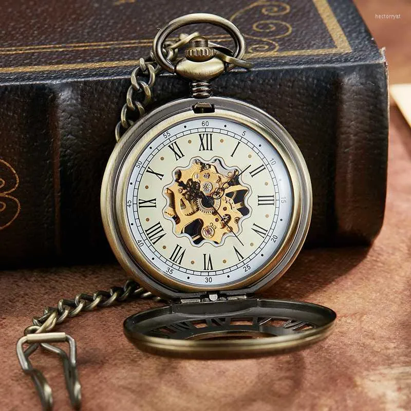Montres de poche Bronze mécanique montre pour hommes creux gravé chiffres romains boîtier Transparent motif cadran dames horloge cadeaux 2022