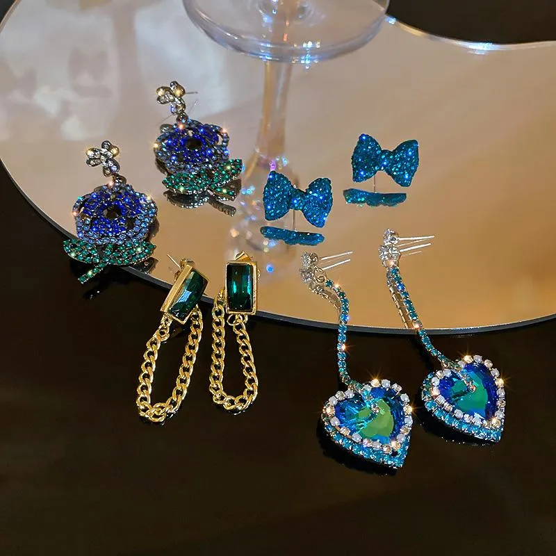 Dangle & Chandelier Minar Luxury Multiple Green Blue Crystal Rhinestone Earring For Women Bling Love Heart Flower Bowknot Drop Earrings Gift
