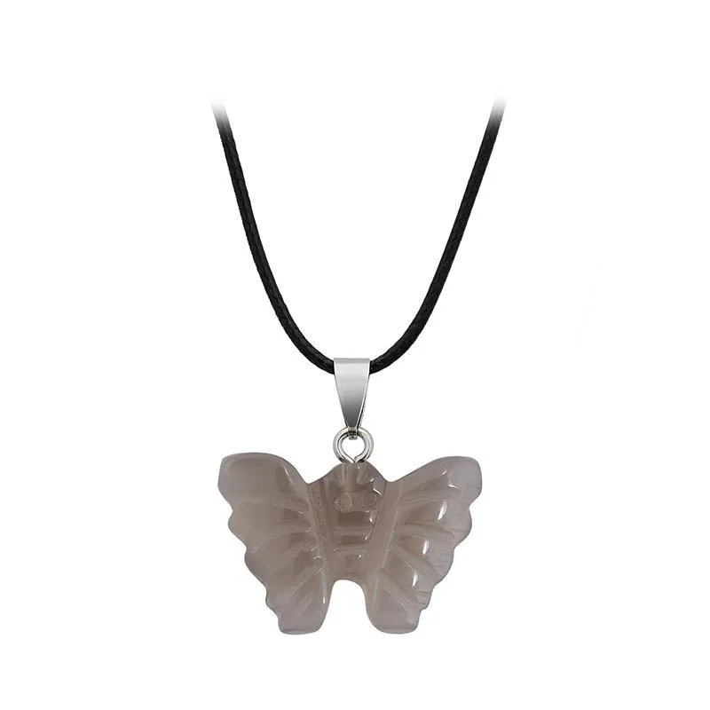 Crystal Stone Butterfly Pendant Necklace Hand Carved Natural Gemstone Necklaces Ladies Party Fashion Accessories Whit Chain