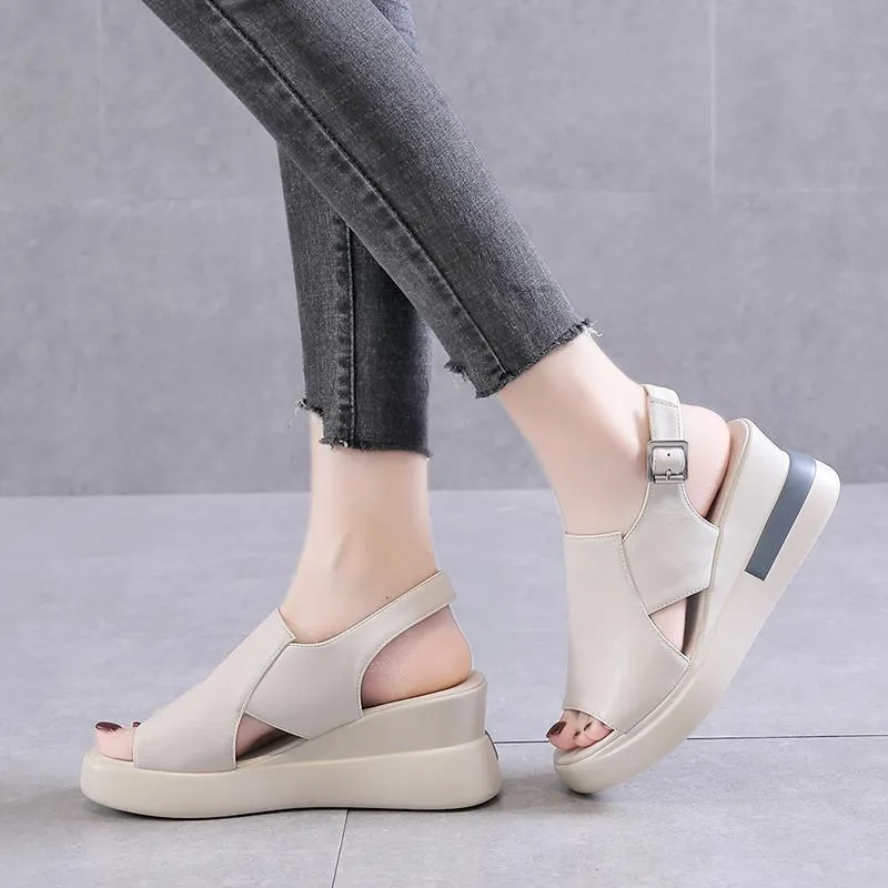 Sandali Estate Donna Con Zeppa Con Tacco In Pelle PU Cinturino Incrociato Stile Coreano Scarpe Casual Donna Punta Aperta Sandali Con Fibbia SolidaSandali