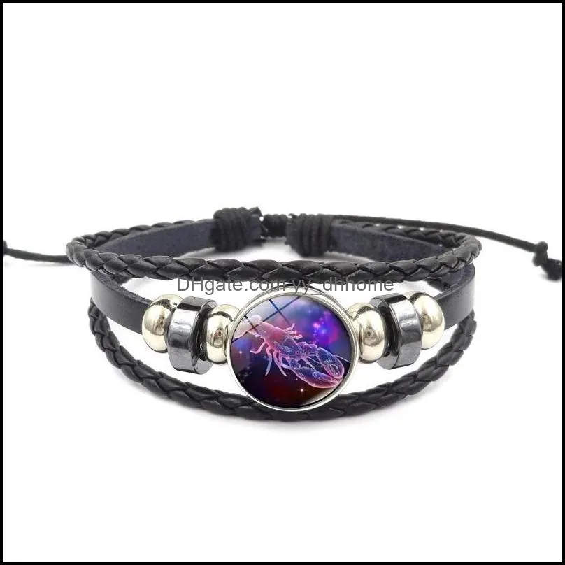 12 constellation jewelry with glass cabochon scorpio gemini zodiac signs bracelet handmade leather bracelet bangle for unisex